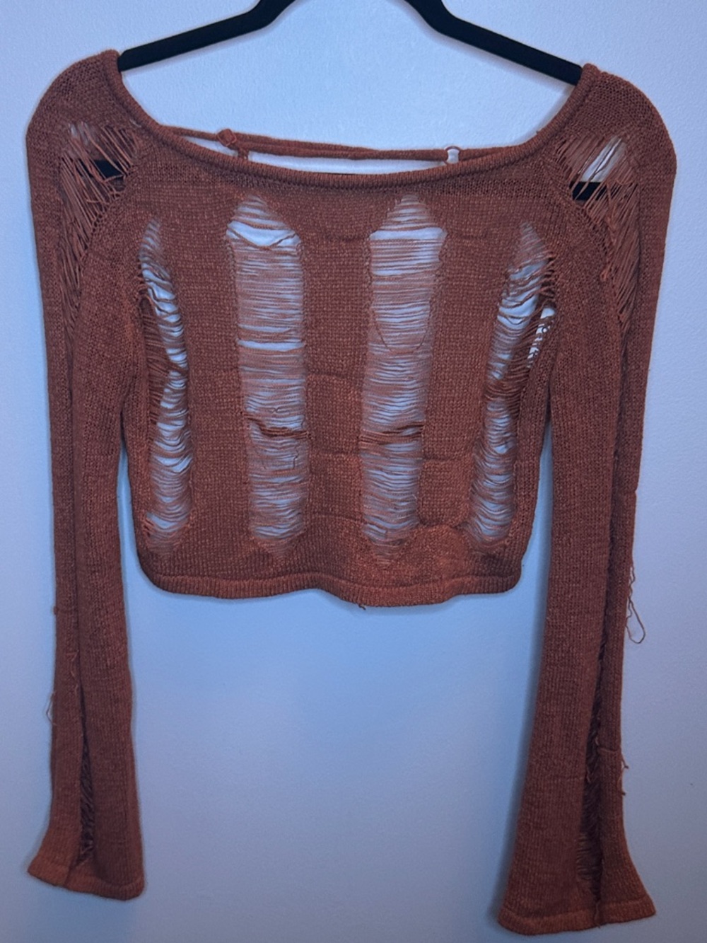 rustic orange backless distressed long sleeve crop top with cut out details